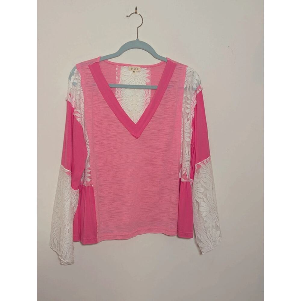 POL Hot Pink Lace Bell Sleeve Boho Top Medium V-Neck Floral Crochet